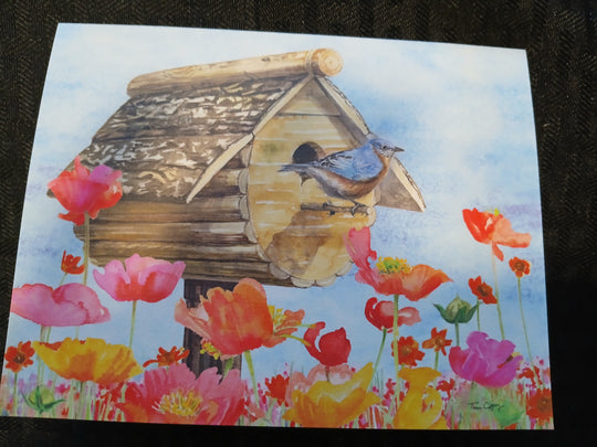 Birdhouses and birds greeting cards
