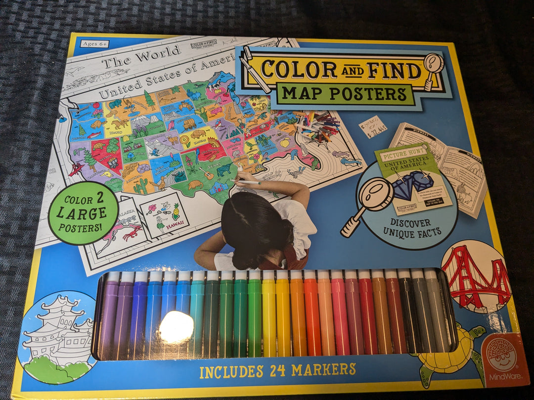 Interactive posters for coloring detailed maps, promoting creativity and geography learning.