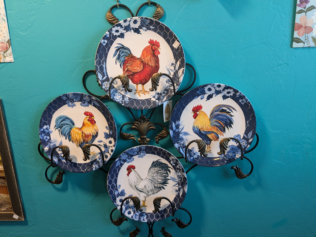 rooster plates mounted on rack