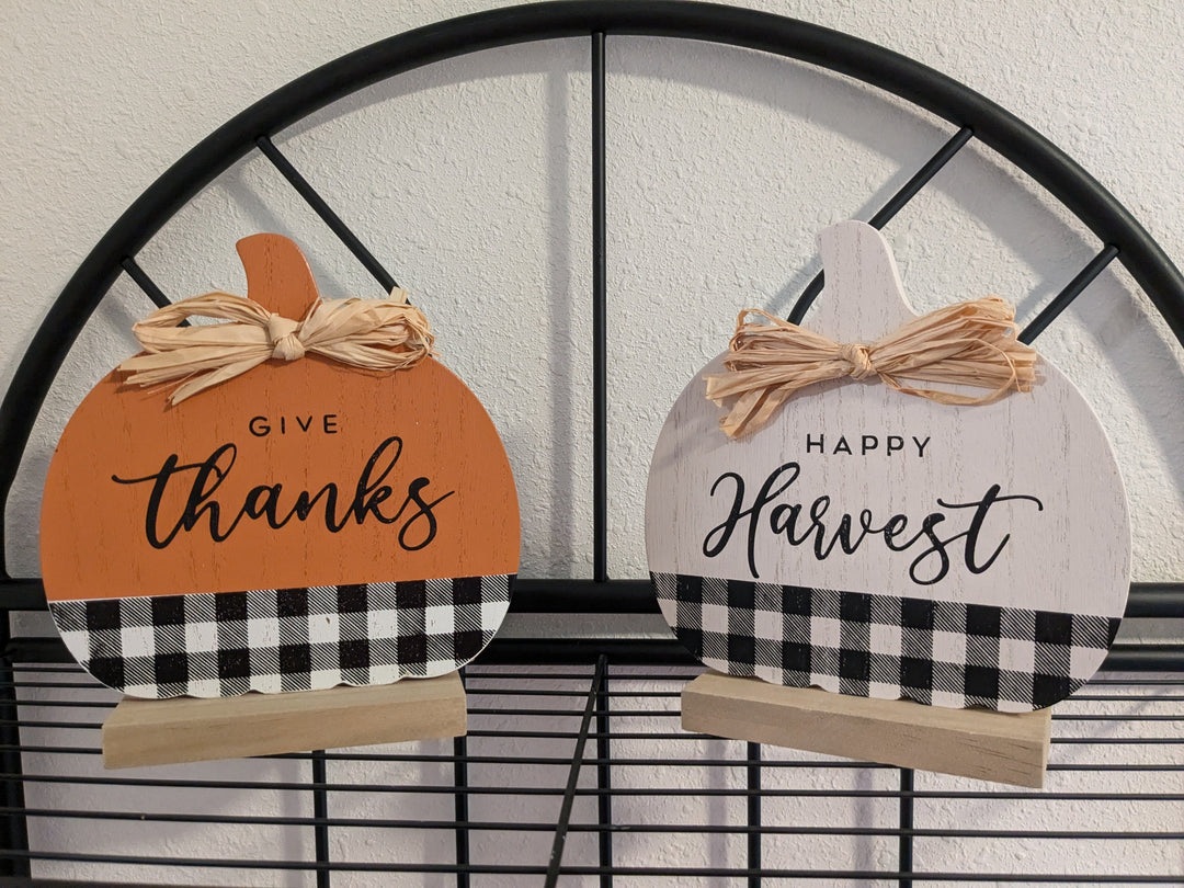 Give Thanks' orange pumpkin plaid block photo frame – a charming engraved wood block with plaid design and 'Give Thanks' message. Perfect for fall decor, this rustic readymade craft is ideal for displaying family photos or seasonal decorations.