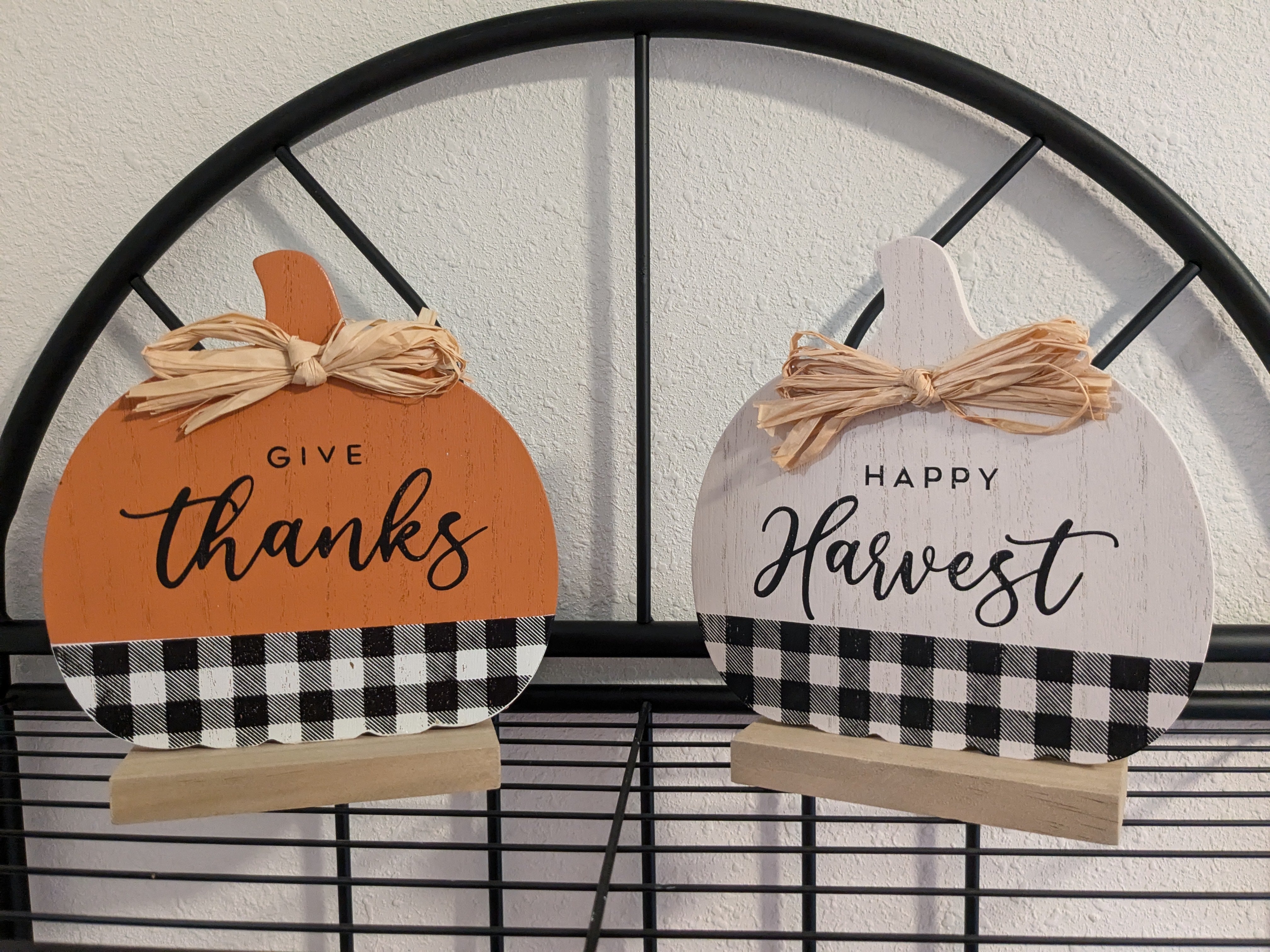 Give Thanks' orange pumpkin plaid block photo frame – a charming engraved wood block with plaid design and 'Give Thanks' message. Perfect for fall decor, this rustic readymade craft is ideal for displaying family photos or seasonal decorations.
