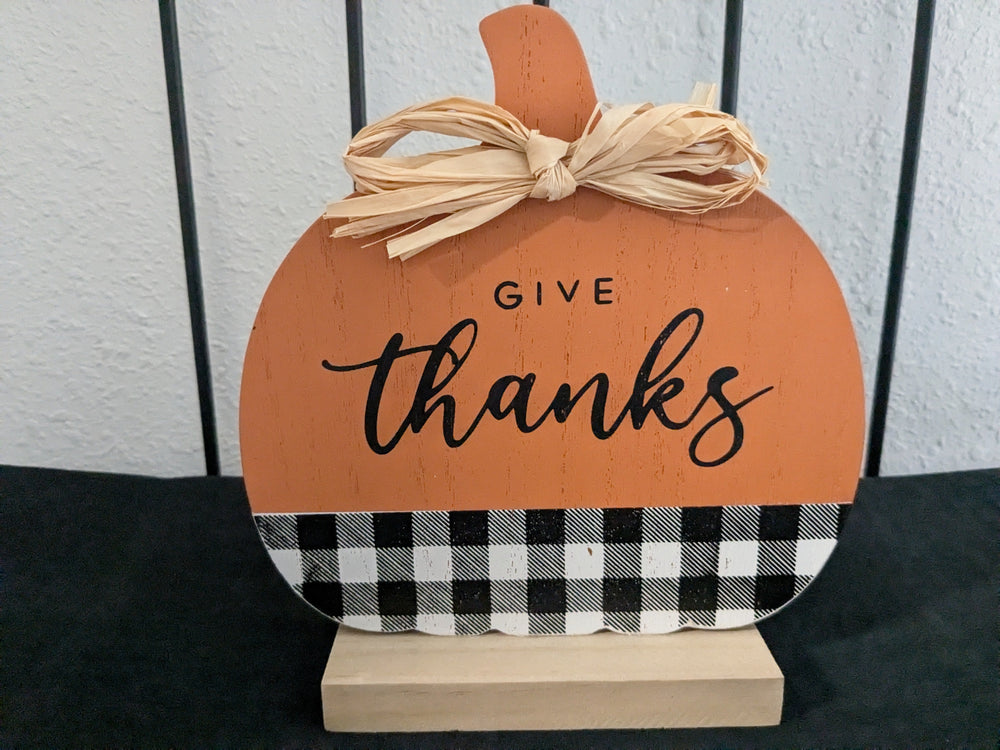 "Give Thanks" orange pumpkin plaid block