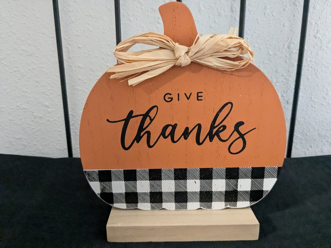 "Give Thanks" orange pumpkin plaid block