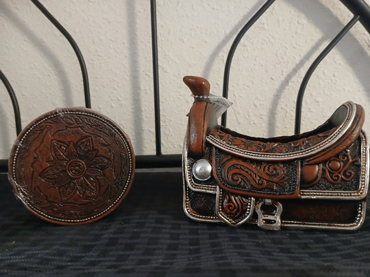 tooled leather saddle coaster set with holder