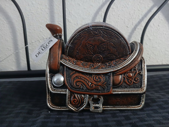 tooled leather saddle coaster set with holder