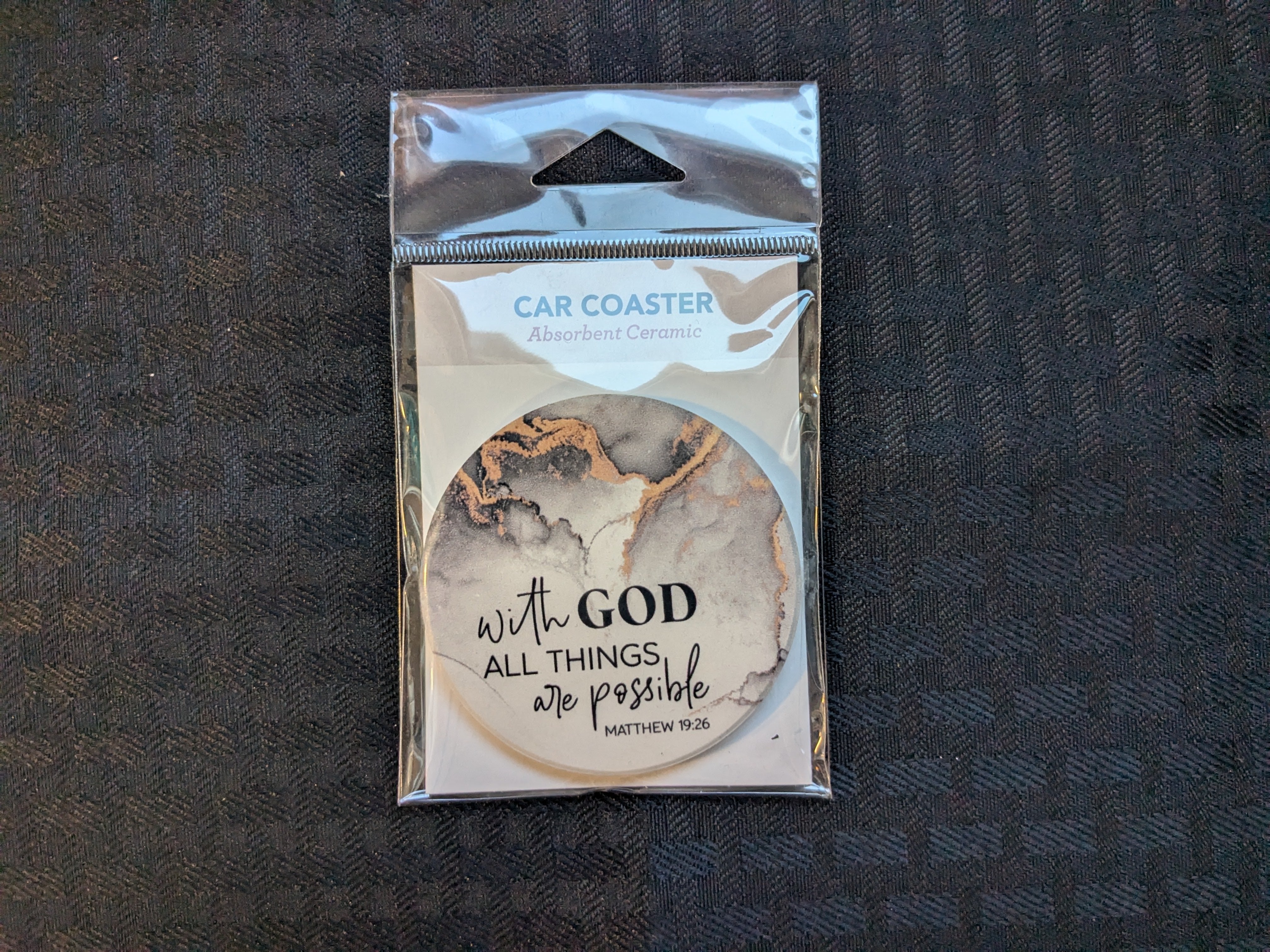 Car Coaster - 'With God All Things Are Possible' – Inspirational car coaster featuring a motivational quote. Perfect for protecting your car's cup holders, this absorbent coaster adds a touch of faith and positivity to your vehicle's interior.