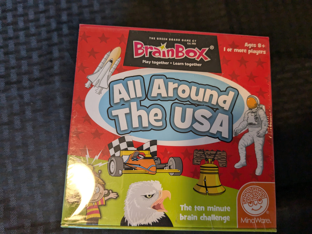 Brain Box All Around the USA – Engaging educational game for kids that explores the United States. This fun, interactive game features cards with trivia about U.S. geography, landmarks, and culture, making it perfect for family game night or classroom activities. Ideal for promoting learning through play, the Brain Box game enhances memory skills and knowledge of the USA, providing hours of entertainment for children and families.